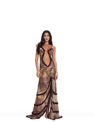 Full shot of a woman wearing the Brown Pinted Camisole Cut-Out Maxi Wrap Dress.