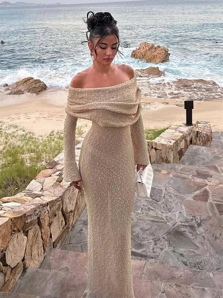 Woman wearing the Khaki Color Knitted Off-Shoulde Maxi Dress