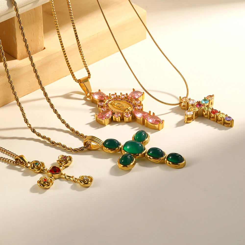 Layered Green Cross Pendant Necklace