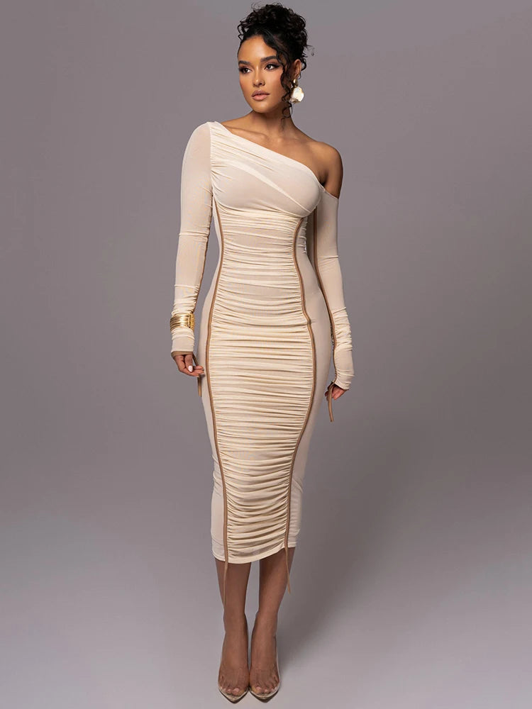 Woman wearing the white Asymmetrical Midi Dress with Ruched Design