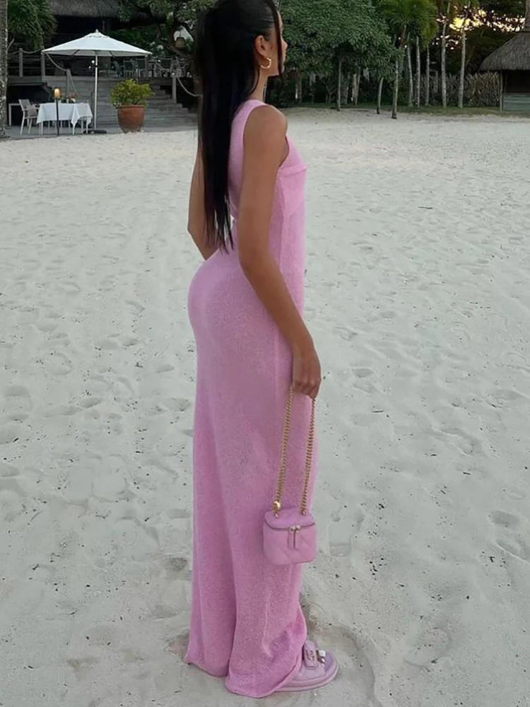 Woman wearing the pink Knitted Round Neck Ruched Maxi Dress