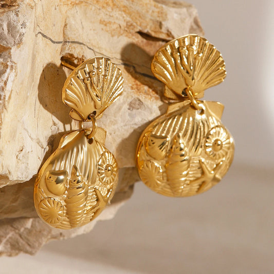 Ocean Shell Stud Earrings - 18K Gold Plated Stainless Steel - close up of jewelry details
