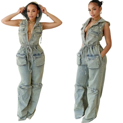 Sample wearing of Denim Hooded Jumpsuit