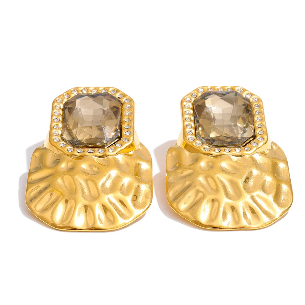 Crystal Square Golden Stud Earrings Stainless Steel Geometric Statement Wear