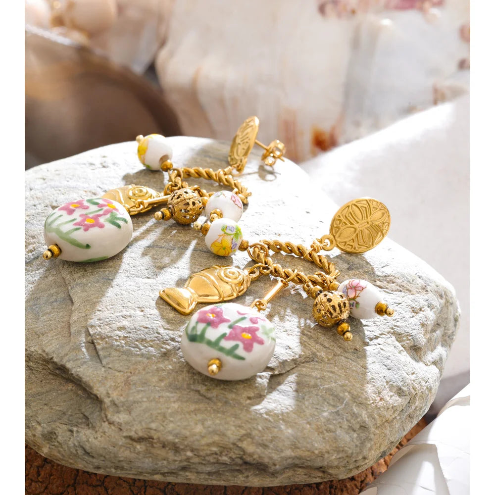 Plant Stainless Steel Ceramic Drop Earrings