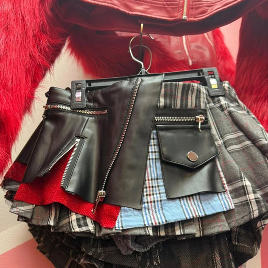 Summer Trendy Women Plaid Leather Patchwork Design Mini Skirts Y2k Streetwear Female Modern Punk Irregular Pleated Skirt