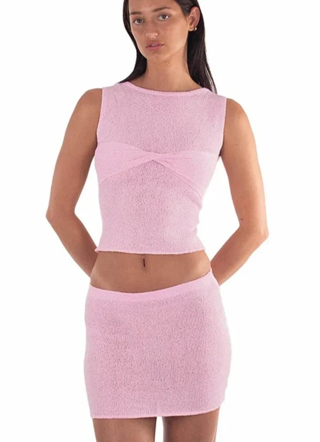 Pink Knitted Ruched Crop Top and Skirt
