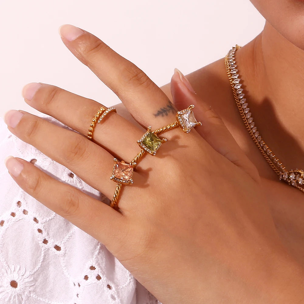 Peridot Zircon Twist Stainless Steel Ring