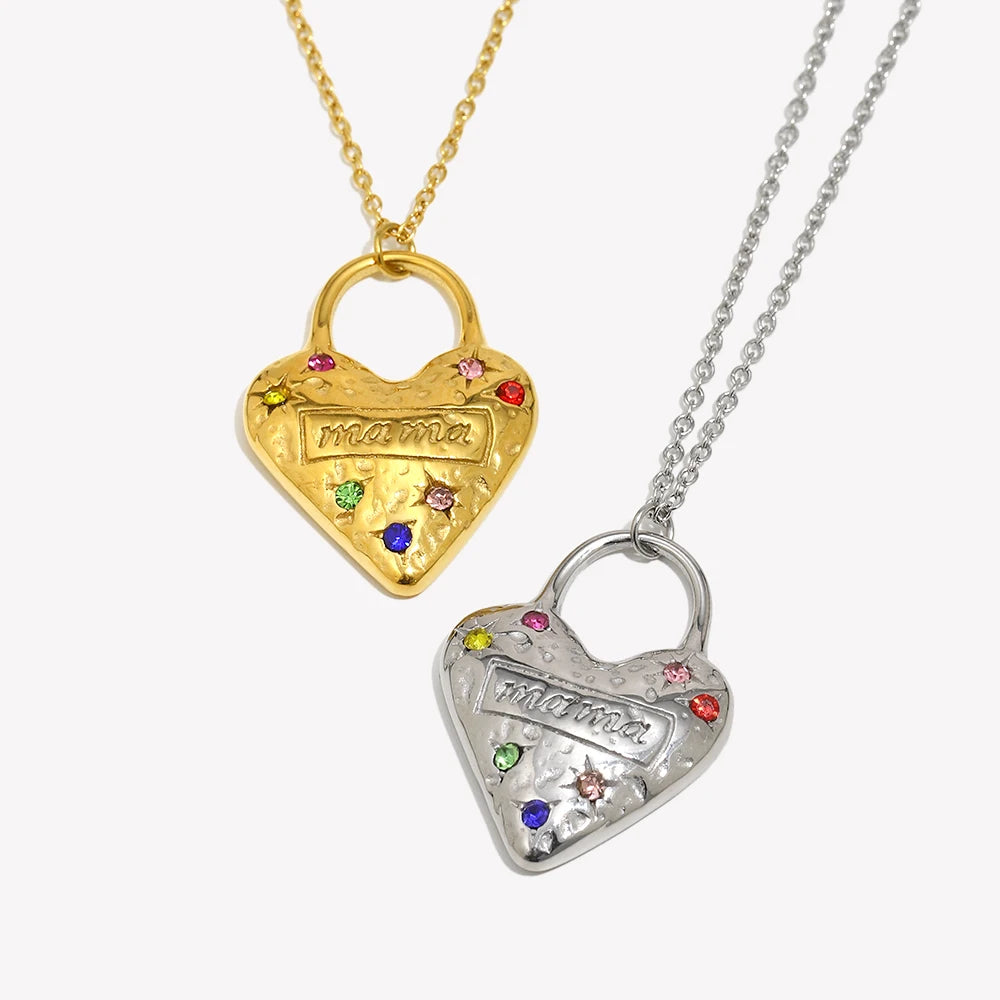 Mama Heart Pendant Necklace Circle Stainless Steel Women's Trendy Jewelry