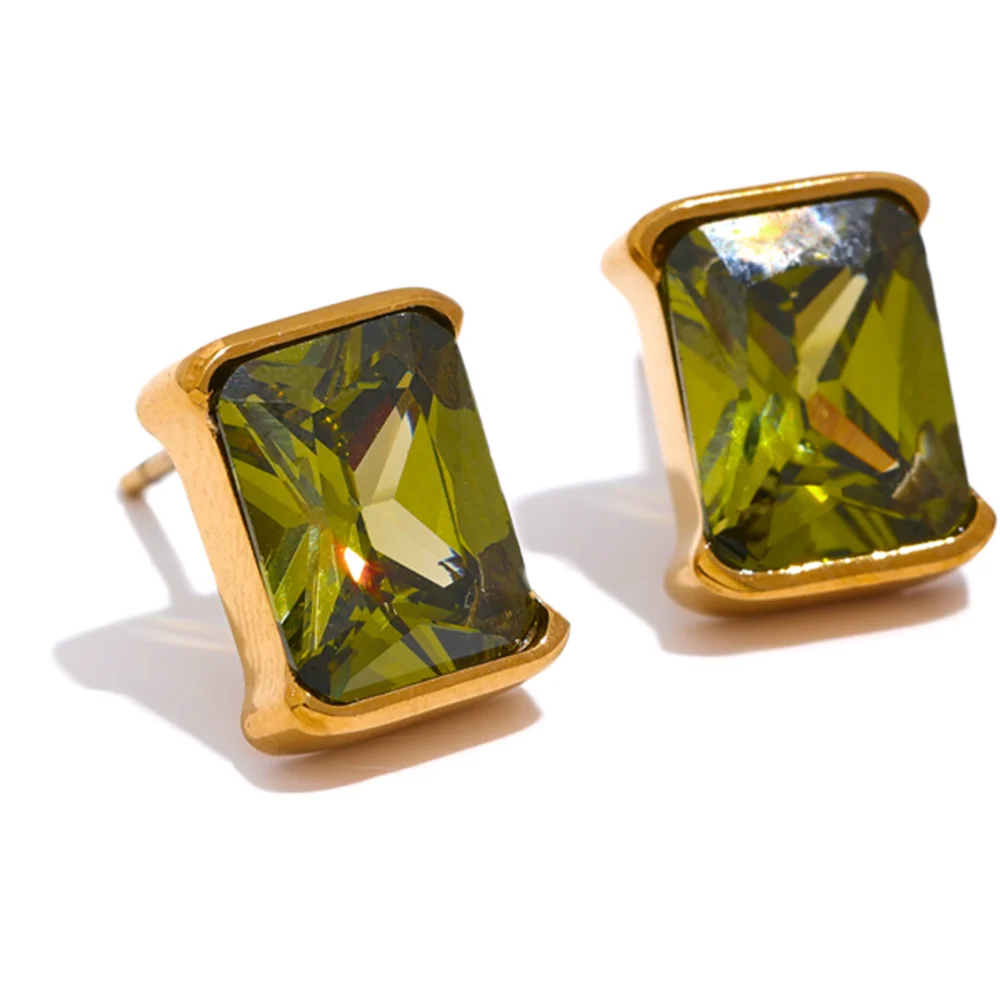 Gold and Green Square Stud Earrings
