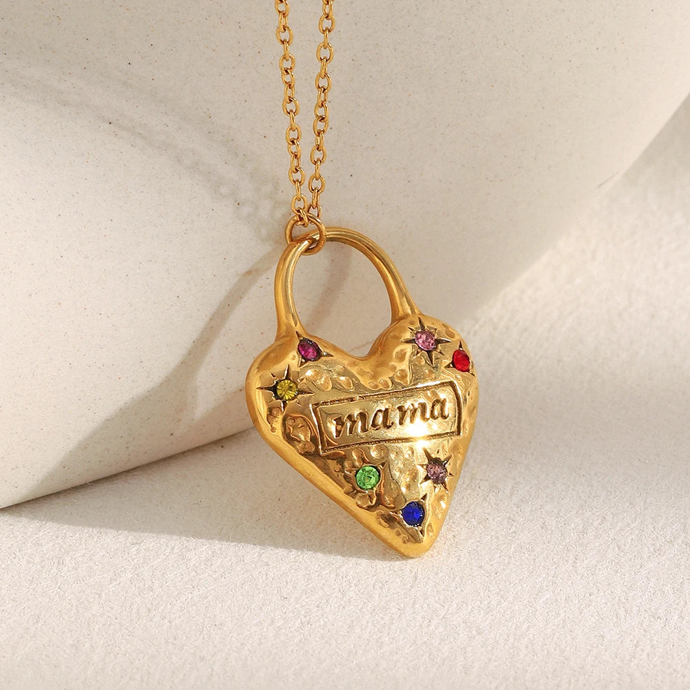 Mama Heart Pendant Necklace Circle Stainless Steel Women's Trendy Jewelry