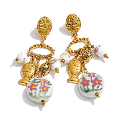 Plant Stainless Steel Ceramic Drop Earrings