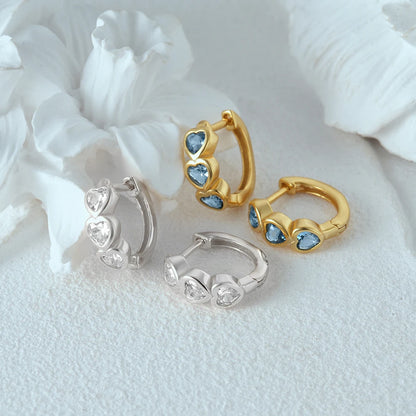 925 Sterling Silver Three Heart Blue White Zircon Hoop Earrings For Women 18k Gold Ins Fine Jewelry For Engagement Gift