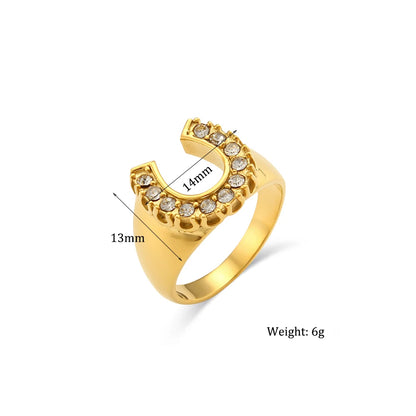 "Eden lucky horseshoe Gold Letter Paved Stainless Steel Ring"
