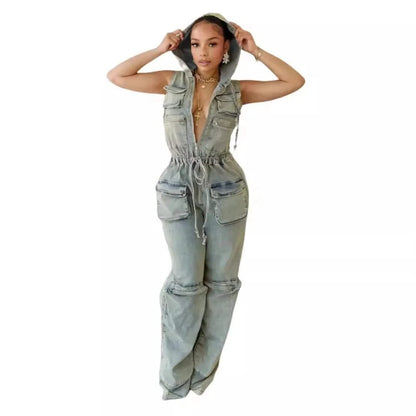 Front details of Denim Hooded Jumpsuit