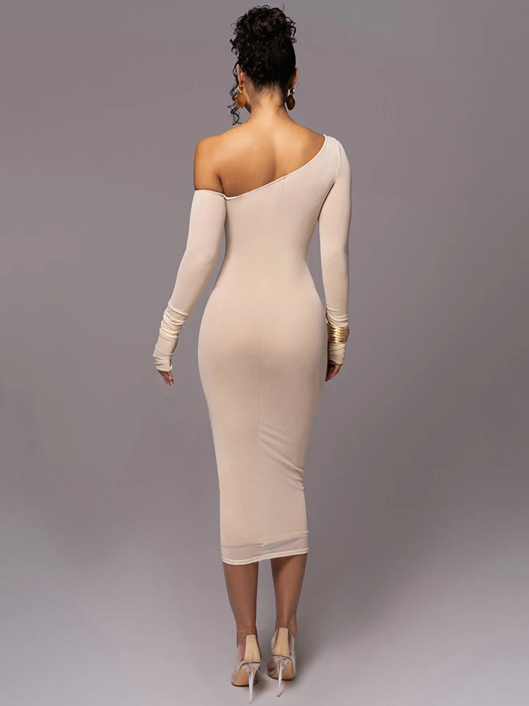 Woman wearing the white Asymmetrical Midi Dress with Ruched Design