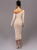 Back Details of a Woman wearing the white Asymmetrical Midi Dress with Ruched Design