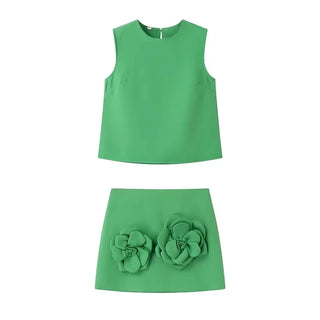 Green 3D Flower Skirt and Sleeveless Crop Top Set