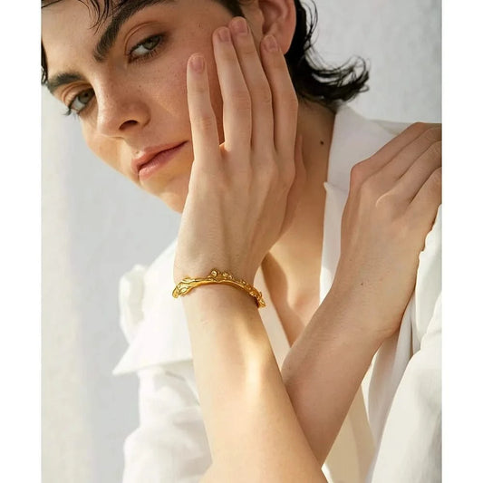Yhpup Waterproof 18K Gold Color Stainless Steel Irregular Geometric Open Cuff Bracelet Bangle Personalized Metal Texture Jewelry - Mabel Love Co