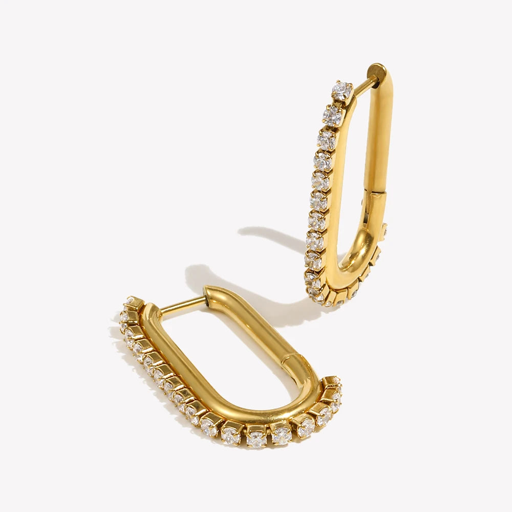 U-Shaped CZ Paved Hoop Earrings: 18K Gold Stainless Steel