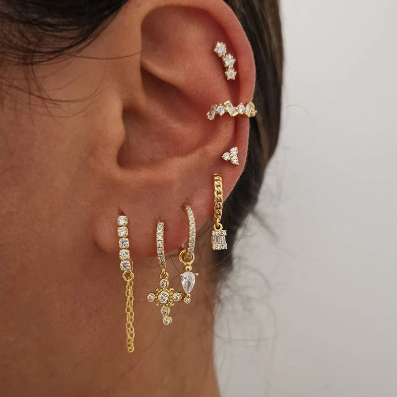 Gold silver color Stud Hoop Earrings for Women Cubic Zirconia Drop Earring Chain Circle earrings 20022 Jewelry