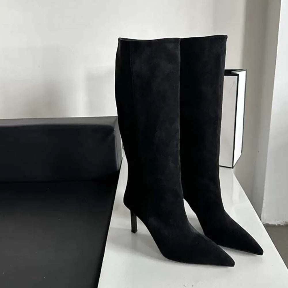 Roman Style Mid-Calf Sock High Heeled Black Boots - main product image