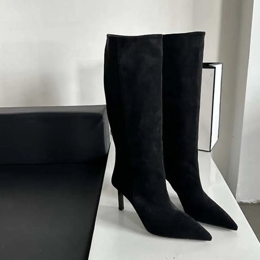 Roman Style Mid-Calf Sock High Heeled Black Boots - main product image