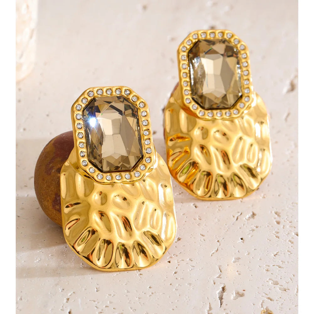 Crystal Square Golden Stud Earrings Stainless Steel Geometric Statement Wear