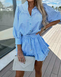 Blue Striped Long Sleeves and Pleated Mini Skirt Set