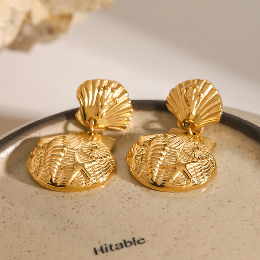 Ocean Shell Stud Earrings - 18K Gold Plated Stainless Steel - additional view 5