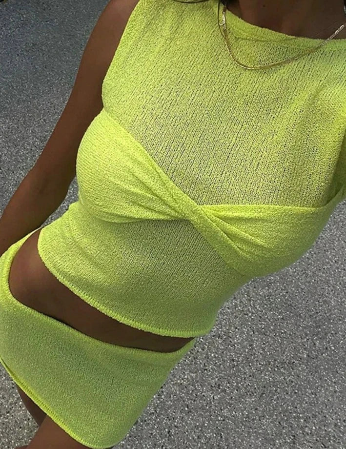 Lemon Knitted Ruched Crop Top and Skirt