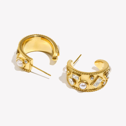 Pearl Rhinestone Round Earrings