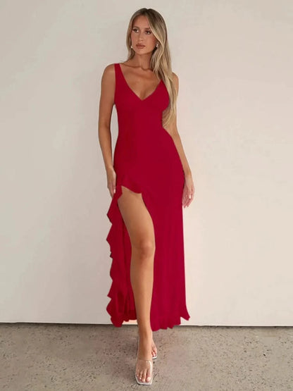 Vestido midi con abertura alta y volantes