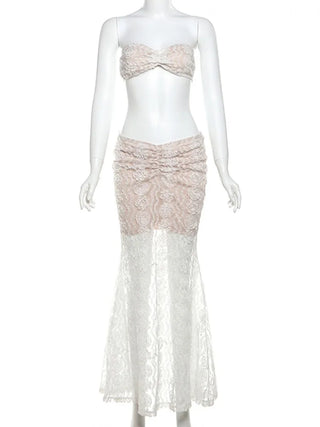 Sample wearing a white two-piece lace set on a mannequin - Mabel Love Co