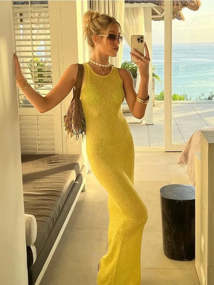 Tossy See-Through Fashion Sleeveless Maxi Dress Female Casual Sequin Slim High Waist Streetwear Vest Clothes Women Long Dress - Mabel Love Co
