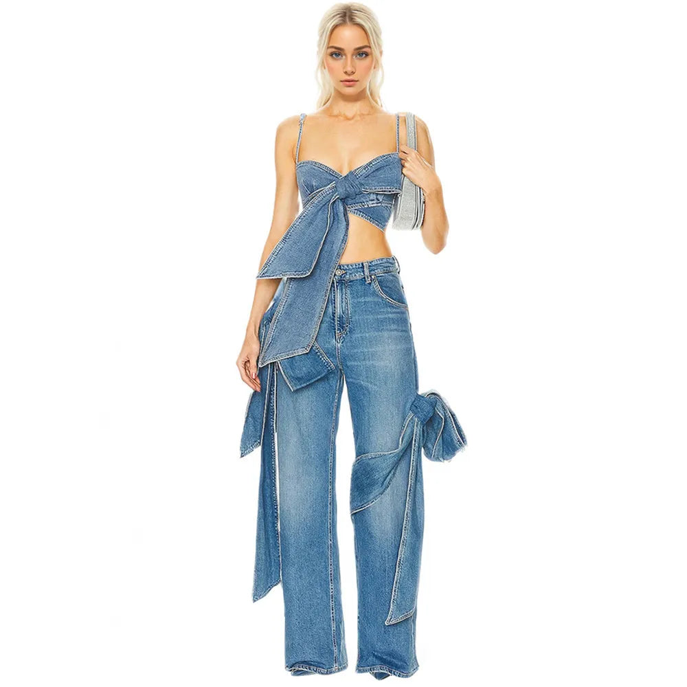 Woman wearing her Denim Bralette and Jeans with Bow knot Designs
