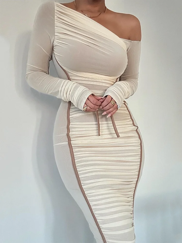 Close-up photo of white Asymmetrical Midi Dress with Ruched Design