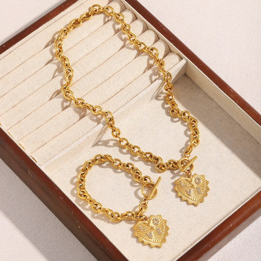 Elena Gold Plated Stainless Steel Heart Necklace Bracelet Set