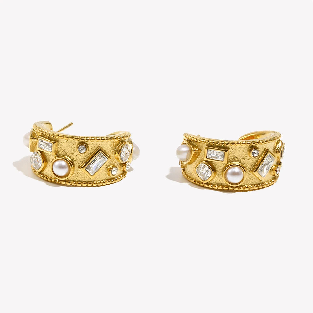 Pearl Rhinestone Round Earrings