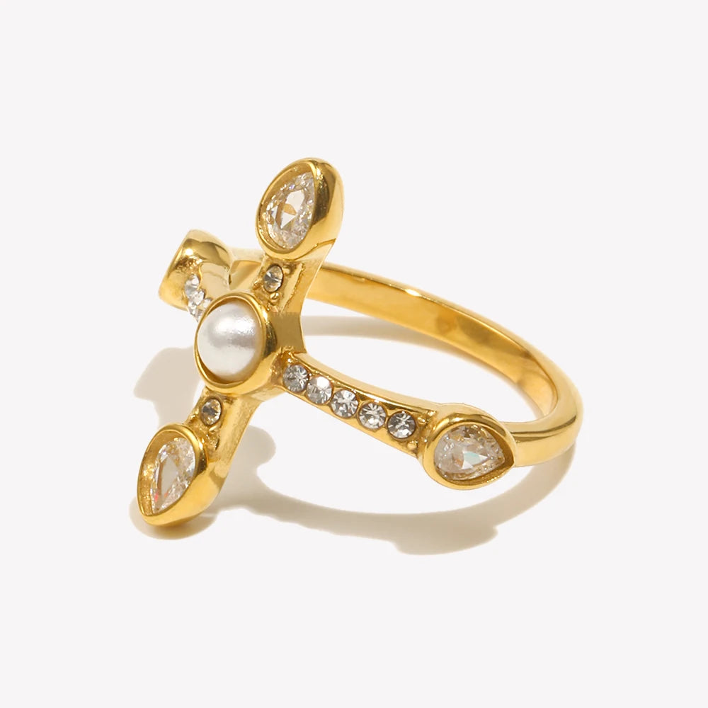 Elegant Waterdrop Zircon Cross Ring - 316L Stainless Steel Waterproof Jewelry
