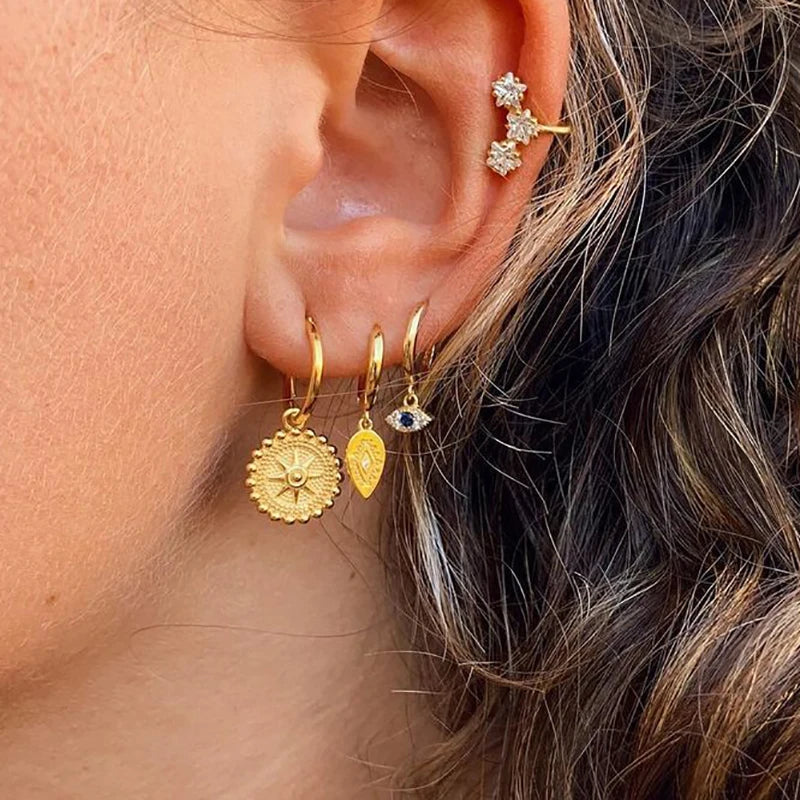 Gold silver color Stud Hoop Earrings for Women Cubic Zirconia Drop Earring Chain Circle earrings 20022 Jewelry