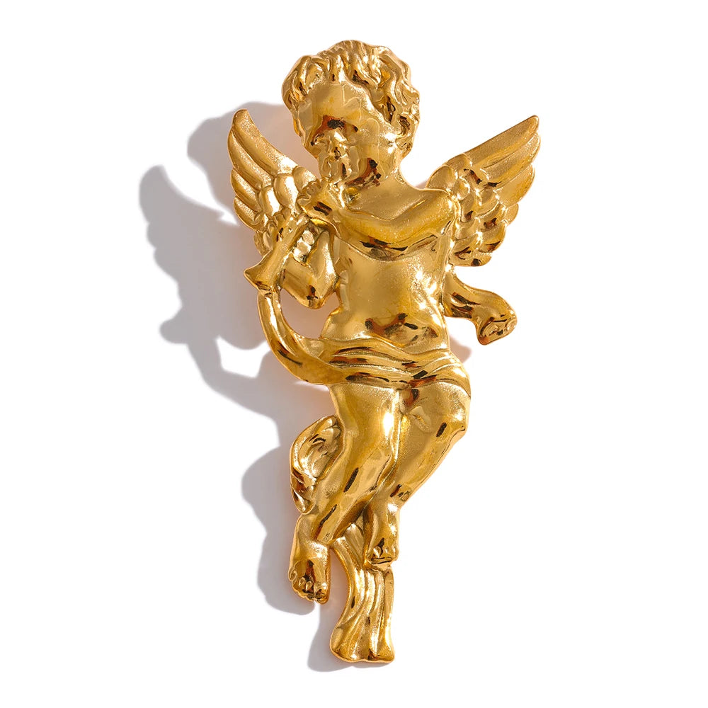 Gold Plated Stainless Steel Angel Blow Horn Brooch Pin