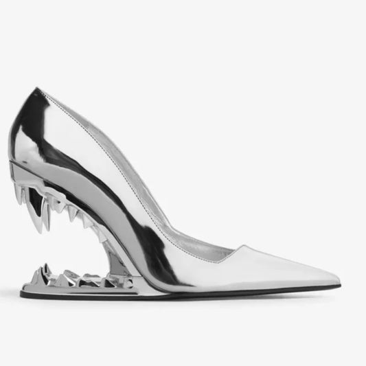 Metal Tiger Tooth Heel Pointy Toe Super High Heel Pumps
