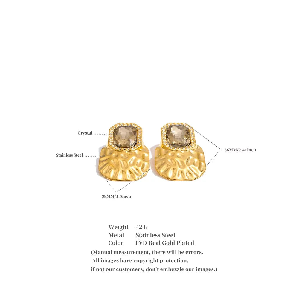 Crystal Square Golden Stud Earrings Stainless Steel Geometric Statement Wear