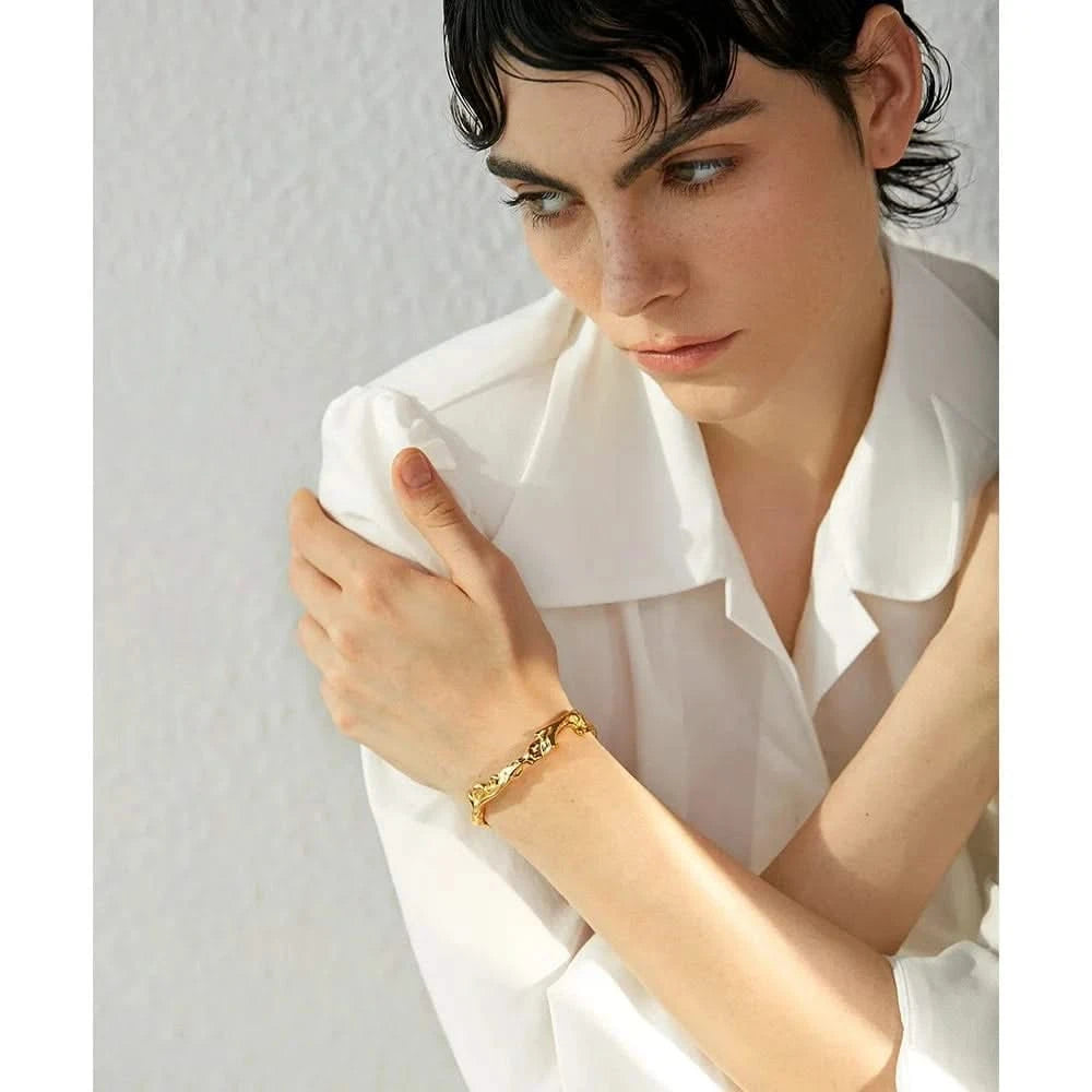 Yhpup Waterproof 18K Gold Color Stainless Steel Irregular Geometric Open Cuff Bracelet Bangle Personalized Metal Texture Jewelry - Mabel Love Co