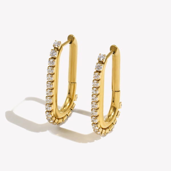 U-Shaped CZ Paved Hoop Earrings: 18K Gold Stainless Steel