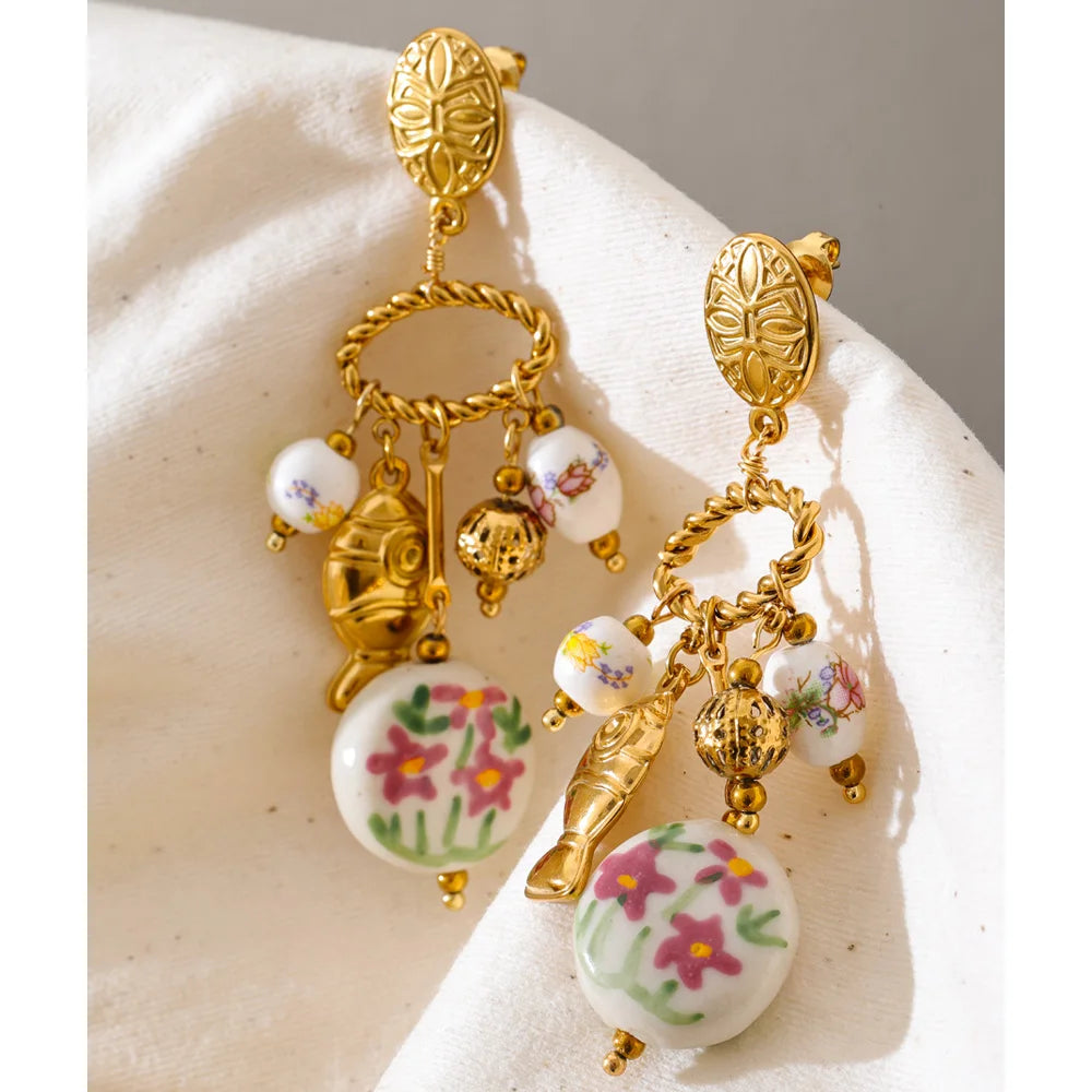 Plant Stainless Steel Ceramic Drop Earrings