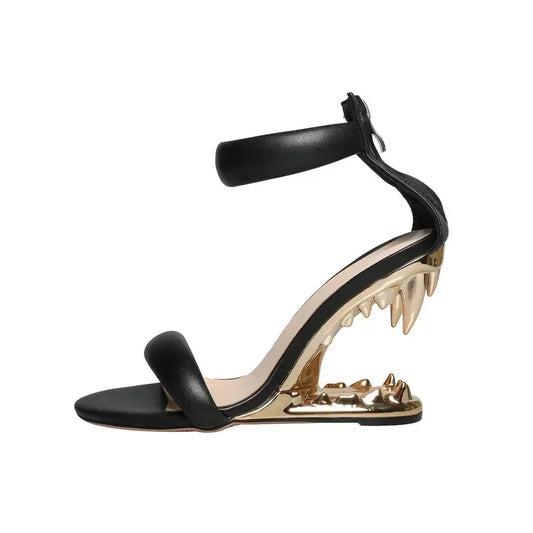 Gold Tiger Teeth High Heel Sandals - Heel Slope Design - Women's Back Zip Dress Shoes