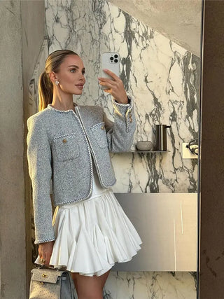 White Ruffles Mini Skirt with Classic Cropped Coat 
