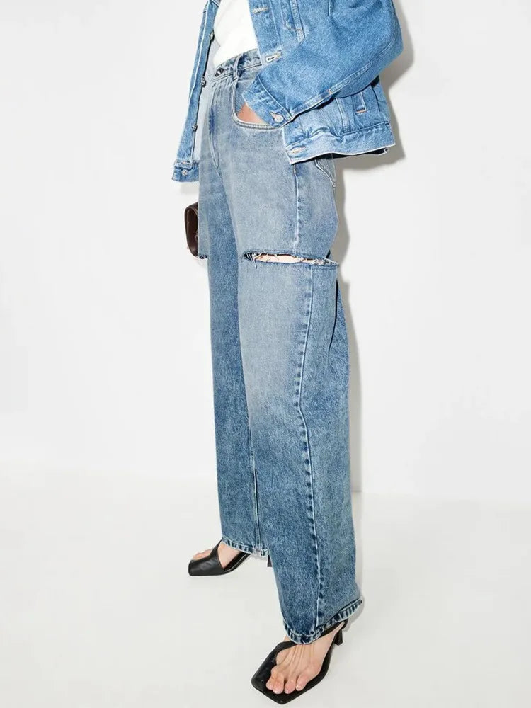 Front details of Wide-Leg Ripped Denim Pants